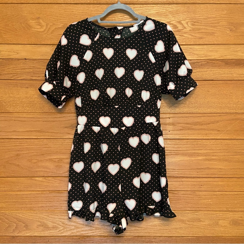 Asos heart print Barbiecore polka dot ruffle trim romper